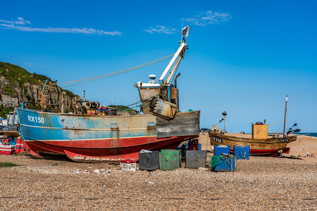 HASTINGS, UNITED KINGDOM - JULY 29: View of traditional British fishing boats on Hastings beach on July 29, 2019 in Hastingsのeditorial素材