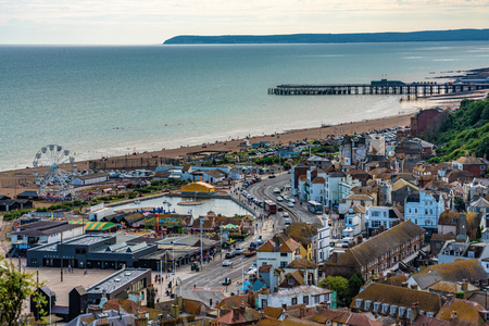 HASTINGS, UNITED KINGDOM - JULY 29: View of Hastings old town and waterfront area, a popular tourist destination on July 29, 2019 in Hastingsのeditorial素材