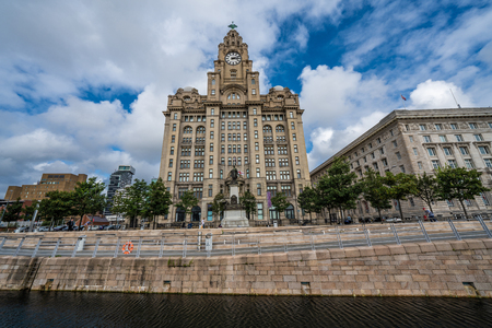LIVERPOOL, UNITED KINGDOM - AUGUST 11: This is the Royal Liver Building, an historic listed building along the LIverpool Waterfront on August 11, 2019 in Liverpoolのeditorial素材