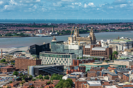 LIVERPOOL, UNITED KINGDOM - AUGUST 12: This is an aerial view of the downtown area and waterfront of Liverpool on August 12, 2019 in Liverpoolのeditorial素材