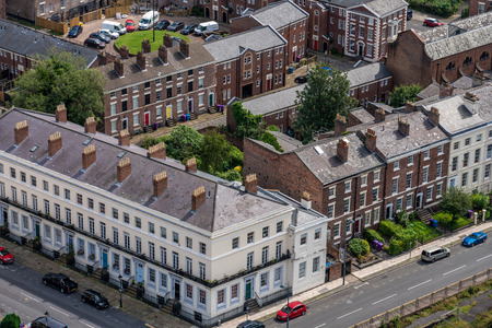 LIVERPOOL, UNITED KINGDOM - AUGUST 12: View of houses and flats in the suburbs of the city on August 12, 2019 in Liverpoolのeditorial素材