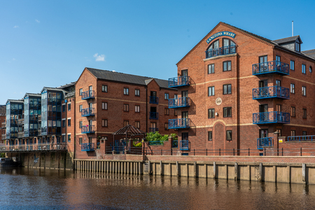 LEEDS, UNITED KINGDOM - AUGUST 13: This is Langtons Wharf riverside apartment buildings which are situated near the city centre  on August 13, 2019 in Leedsのeditorial素材