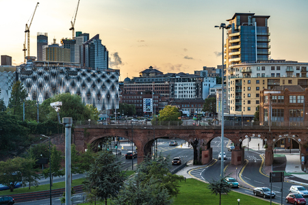 LEEDS, UNITED KINGDOM - AUGUST 13: View of the downtown area city buildings in Leeds during sunset on August 13, 2019 in Leedsのeditorial素材