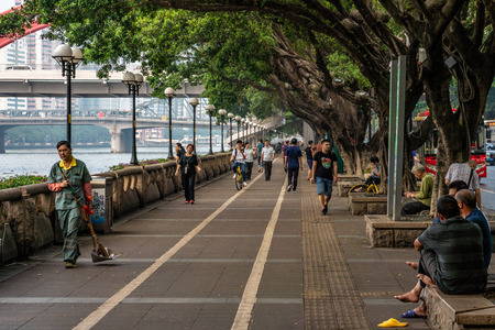 GUANGZHOU, CHINA - OCTOBER 26: Riverside walking path near the famous Jiefang bridge along the Pearl River on October 26, 2018 in Guangzhouのeditorial素材