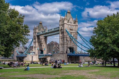 LONDON, UNITED KINGDOM - AUGUST 22: View of Tower Bridge, a famous landmark bridge and popular tourist attraction along the River Thames on August 22, 2019 in Londonのeditorial素材