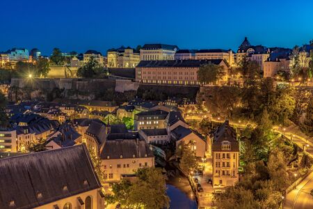 LUXEMBOURG CITY, LUXEMBOURG - SEPTEMBER 21: Evening view of the old town scenery at Ville Haute historic quarter, a UNESCO World Heritage Site  on September 21, 2019 in Luxembourgのeditorial素材