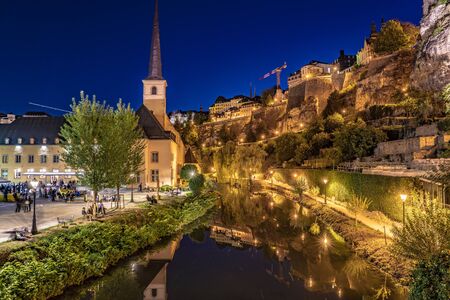 LUXEMBOURG CITY, LUXEMBOURG - SEPTEMBER 21: Evening view of the Notre Damme Cathedral along the River Alzette in the old town area on September 21, 2019 in Luxembourgのeditorial素材