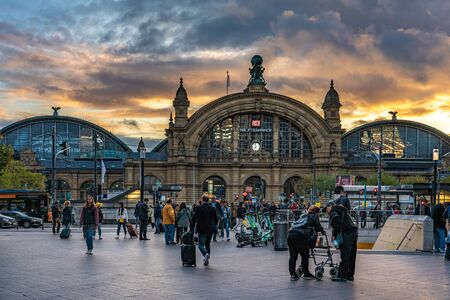 FRANKFURT, GERMANY - SEPTEMBER 25: This is a view of the Hauptbahnhof main train station in the downtown area during sunset on September 25, 2019 in Frankfurtのeditorial素材