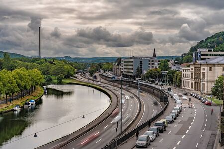 SAARBRUCKEN, GERMANY - SEPTEMBER 23: This is a scenic view of Saarbrucken with a motion blur of cars driving along a road  on September 23, 2019 in Saarbruckenのeditorial素材