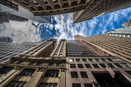 NEW YORK, USA - OCTOBER 10: View of Lower Manhattan financial district city buiding on Broad Street on October 10, 2019 in New Yorkのeditorial素材