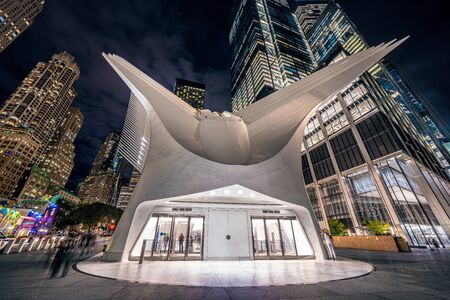 NEW YORK, USA - OCTOBER 10: This is the Westfield World Trade Center shopping mall building at night on October 10, 2019 in New Yorkのeditorial素材