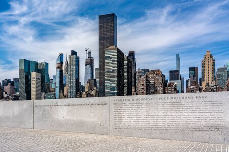 NEW YORK, USA - OCTOBER 13: Memorial at Franklin D. Roosevelt Four Freedoms Park with Manhattan city buildings in the distance on October 13, 2019 in New Yorkのeditorial素材