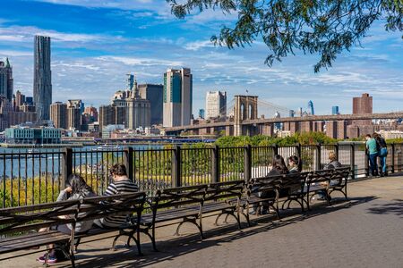 NEW YORK, USA - OCTOBER 13: This is Brooklyn Heights Promenade a pedestrian walkway which provides views of the river and the Manhattan skyline on October 13, 2019 in New Yorkのeditorial素材