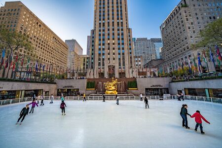 NEW YORK, USA - OCTOBER 15: People ice skating at the Rockefeller Center, a famous tourist destination in Midtown Manhattan on October 15, 2019 in New Yorkのeditorial素材