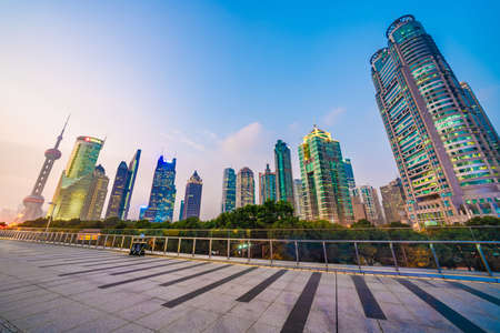SHANGHAI, CHINA, OCTOBER 28: This is an evening view of the Lujiazui financial district skyscrapers...