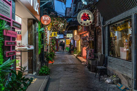 SHANGHAI, CHINA, OCTOBER 31: Evening view of a shopping street in Tianzifang, an area known for its arts and crafts shops on October 31, 2019 in Shanghaiのeditorial素材