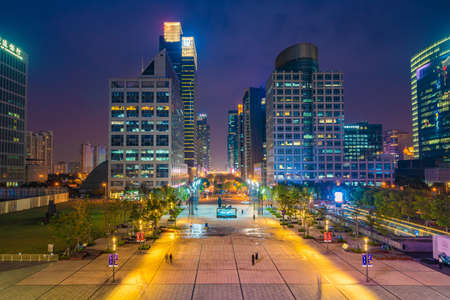 SUZHOU, CHINA- NOVEMBER 04: Cityscape of modern buildings in the financial district area at night on November 04, 2019 in Suzhouのeditorial素材
