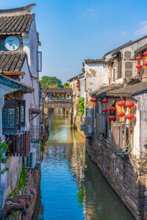 SUZHOU, CHINA- NOVEMBER 05: Ancient Chinese buildings along the Shantang river in the old street area on November 05, 2019 in Suzhouのeditorial素材