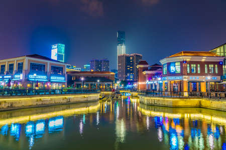 SUZHOU, CHINA- NOVEMBER 05: This is a night view Moon Harbor, a famous shopping and entertainment area located on Jinji Lake on November 05, 2019 in Suzhouのeditorial素材