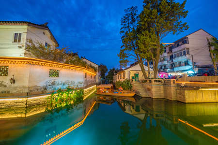 SUZHOU, CHINA- NOVEMBER 06: Night view of the river scenery and architecture at Pingjiang Road ancient town on November 06, 2019 in Suzhouのeditorial素材