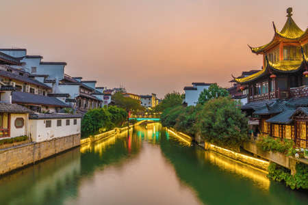 NANJING, CHINA - NOVEMBER 07: Evening view of traditional Chinese buildings on the Qinhuai River in the Fuzimiao historic district on November 07, 2019 in Nanjingのeditorial素材