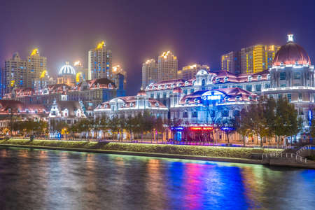 TIANJIN, CHINA - NOVEMBER 17: This is a night view of Italian style architecture along the HaI River on November 17, 2019 in Tianjinのeditorial素材