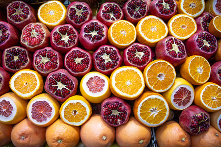 Cutted pomegranates, oranges and grapefruits on counter with street fresh juice. Red and orange fruits, front view. Real showcase with street food in Istanbul, Turkeyの写真素材