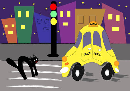 Illustrations history took place at night, taxis ispugalos a black cat ... or cat scared taxi. You decide. But at home a long time to fall asleep)). Vector.のイラスト素材