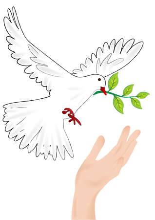 Dove with a twig in its beak sitting down at the hand vector.のイラスト素材