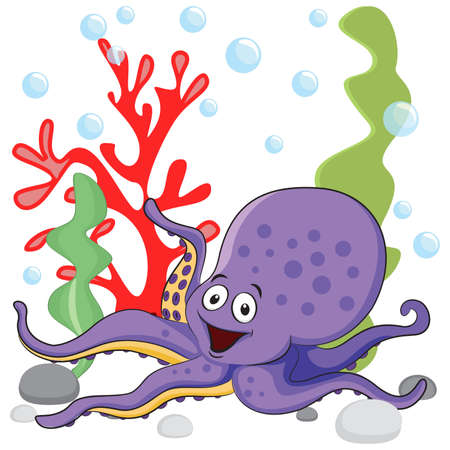 Illustration of a purple octopus under the sea near the colorful corals on a white backgroundのイラスト素材