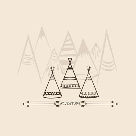 Indian wigwam silhouette with mountains. American landscape with tribal tents