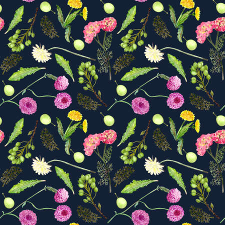 Spring Watercolor Forest Pattern Seamless wild natural eco texture with herbs leaves plants and...