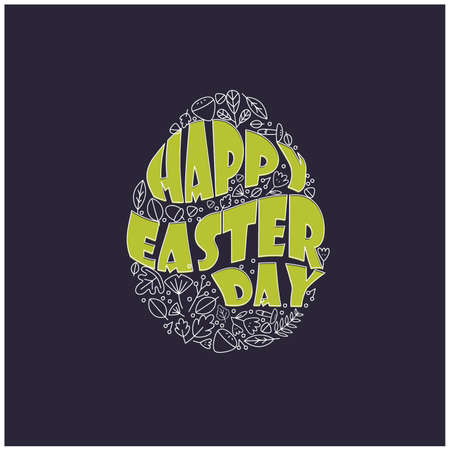 Happy Easter Text Inside Egg. Vector Illustration. Greeting card template design in doodle style on Black Background.のイラスト素材
