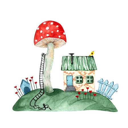 Watercolor fairy house isolated on white background