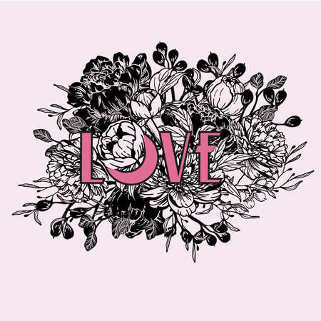 Hand drawn peony flower and leaves bunch isolated on white with love letters. Vector line art monochrome elegant floral composition in vintage style, t-shirt, coloring page, wedding decoration.のイラスト素材