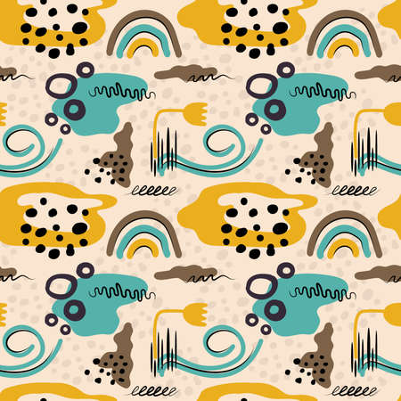 Contemporary collage with hand drawn elements. Big modern set of various shapes and doodle objects digital composition. Abstract colorful trendy vector illustration for card, print, poster, bannerのイラスト素材