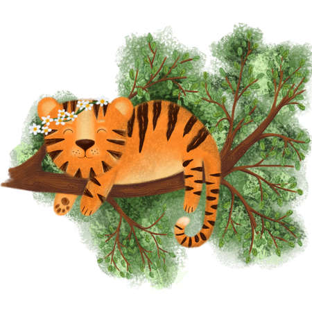 Happy Chinese new year greeting card 2022 with cute tiger in different season location for calendar. Animal holidays cartoon character.の写真素材
