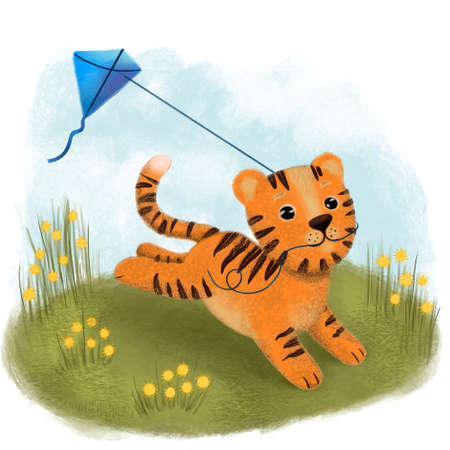 Happy Chinese new year greeting card 2022 with cute tiger in different season location for calendar. Animal holidays cartoon character.の写真素材