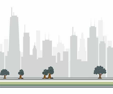 Buildings Gray Clipart-city skyline with buildings trees clouds gray color vector illustrationのイラスト素材