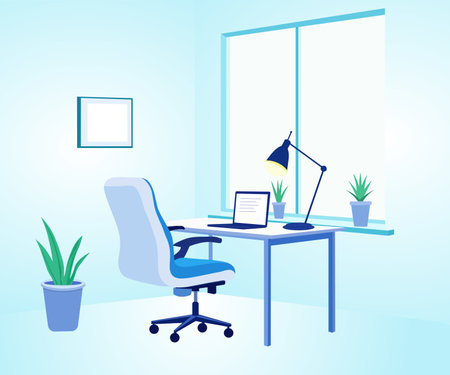 Office interior. Vector illustration in flat style. Workplace with a computer, a lamp and a plant.のイラスト素材