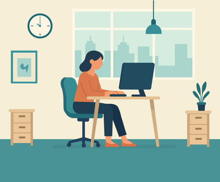 Young woman working at home office. Vector illustration in flat style.のイラスト素材