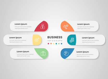 Business infographics options banner. Vector illustration. Can be used for workflow layout, diagram, number options, web design. six options, six segmentのイラスト素材