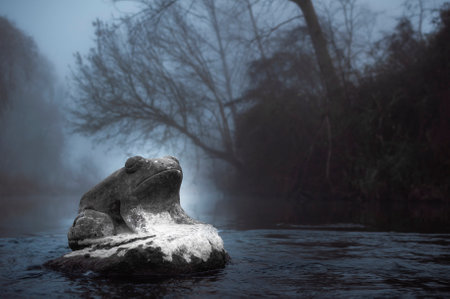 The statue of a frog inside the Zadorra river, Erriberabeitia, Araba - Alava, Basque Country.の写真素材