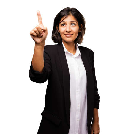 latin business woman touching screenの写真素材