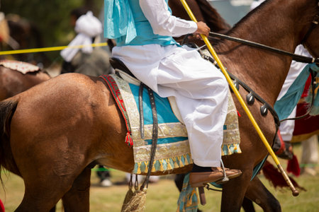 Rear view of a man riding a horse during a traditional festivalの写真素材