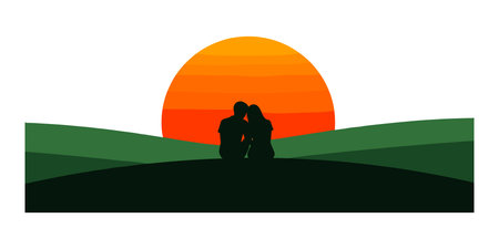 Silhouette of a loving couple at sunset. Vector illustration.のイラスト素材