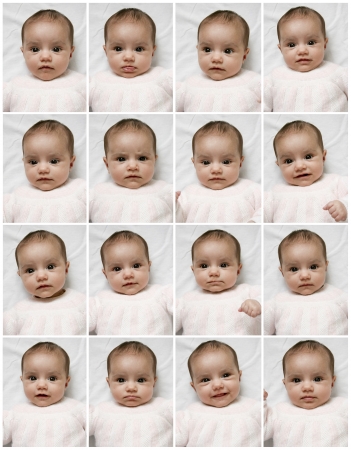 Changes in expression of a three month old baby lying in the crib for a few seconds