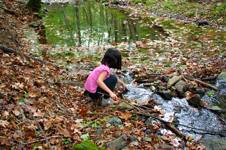 Little girl playing with water in a river in autumnの写真素材