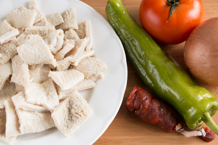 Ingredients for cooking tripe with chorizo, a typical spanish food called  callos  の写真素材