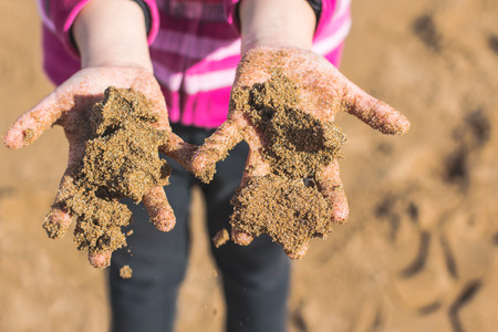 Hands of child full of wet sand on the beach  Soft focus の写真素材